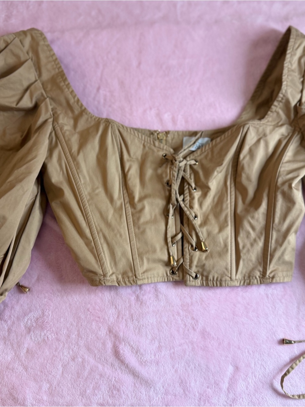 Oh Polly Tan Lace-Up Corset Crop Top with Puff Sleeves